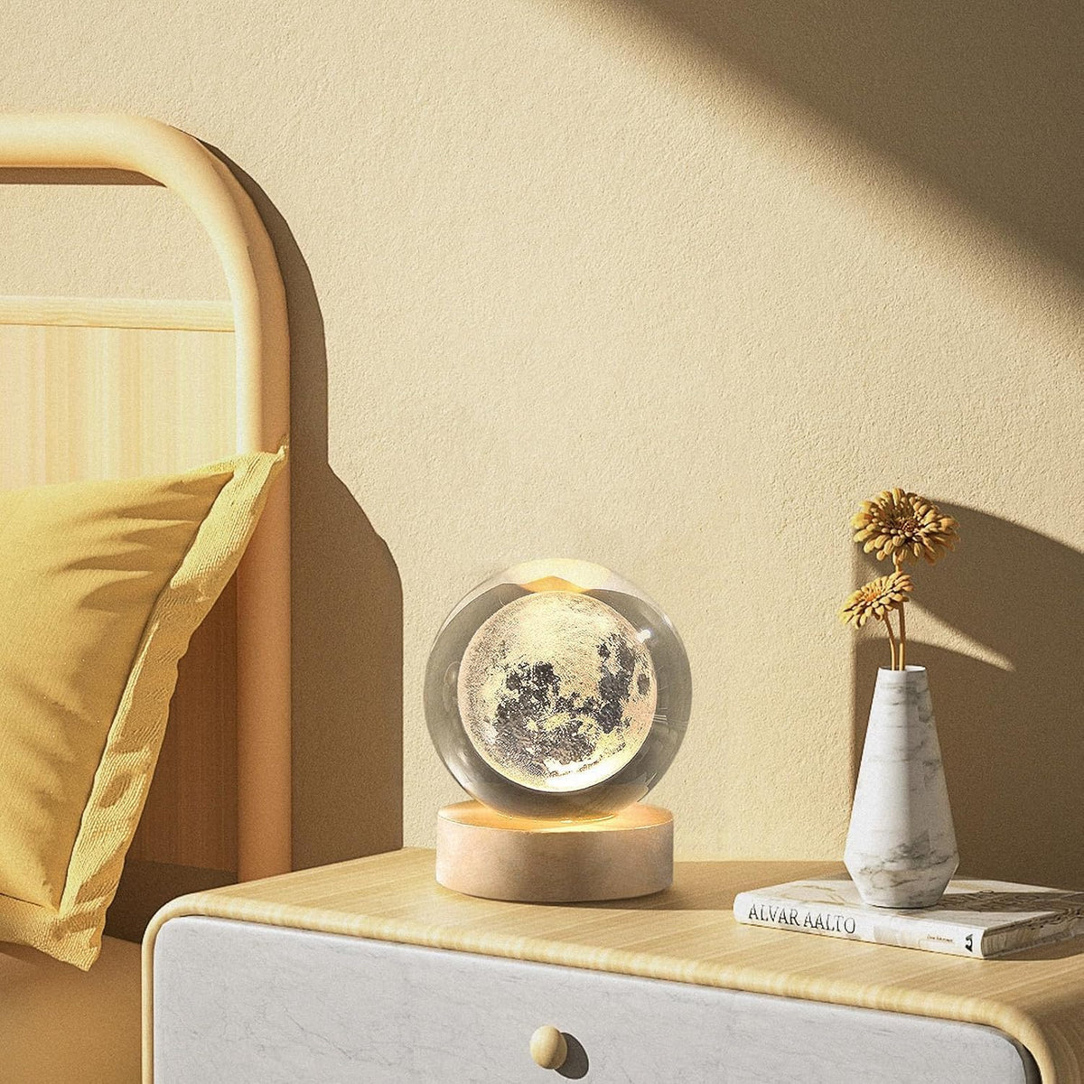 3D Crystal Ball Moon Lamp with Wooden LED Base